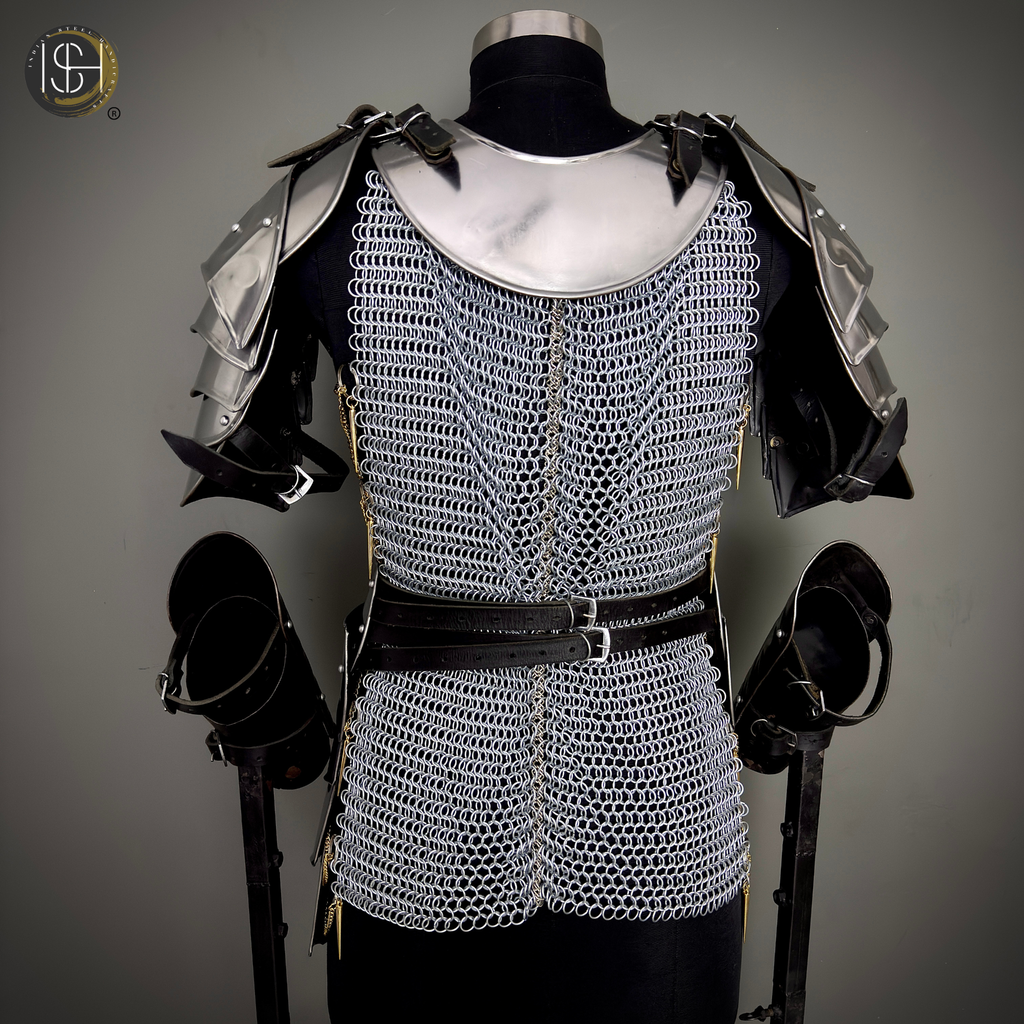 Handcrafted Steel Chainmail Armor Set – Knight’s Hauberk with Pauldrons & Arm Guards for Cosplay & LARP