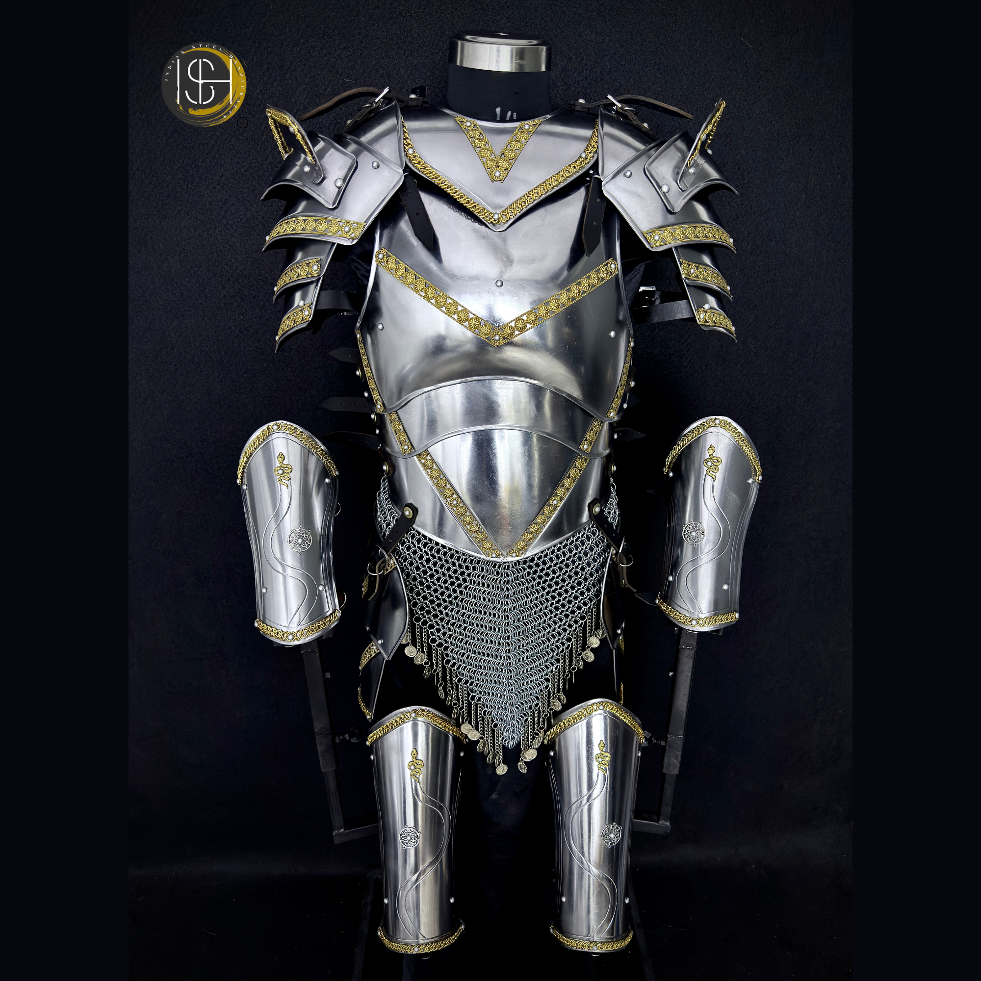Full Body Medieval Knight Armor Suit – Gothic Steel Plate Armor with Gold Trim, LARP, Cosplay, Renaissance Costume