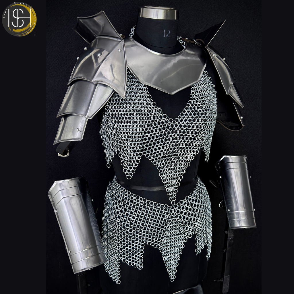 Handcrafted Medieval Steel Chainmail Armor Set – Includes Gorget, Pauldrons, Arm Guards & Leg Protection for Warrior Costumes