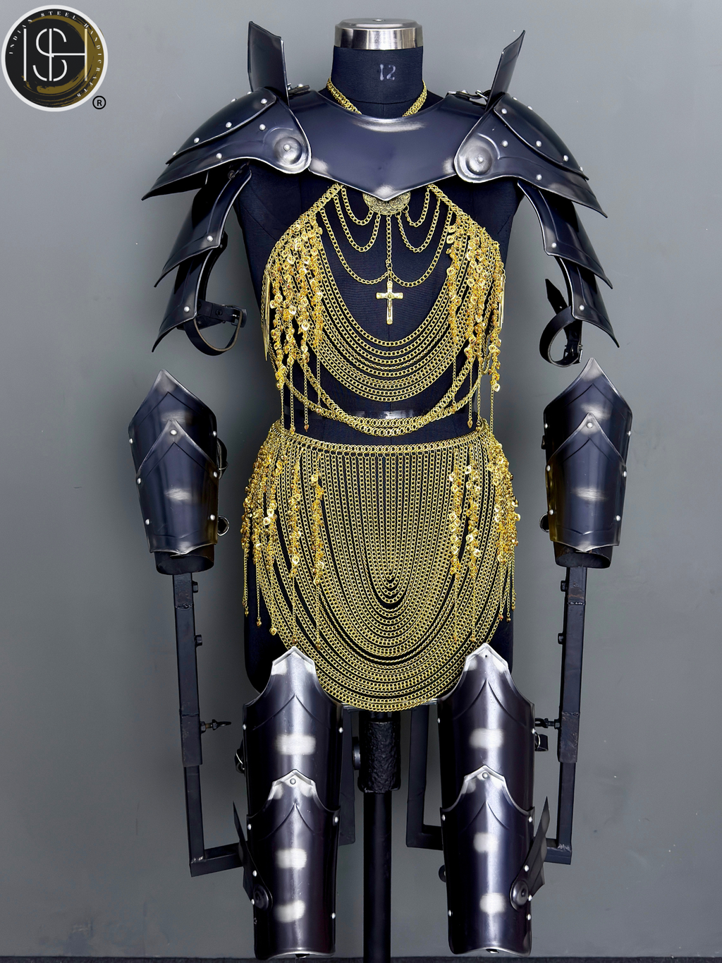 Knight Steel Armor Set – Medieval LARP Costume with Gold Chainmail Drape & Battle Ready Armor