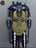 Knight Steel Armor Set – Medieval LARP Costume with Gold Chainmail Drape & Battle Ready Armor