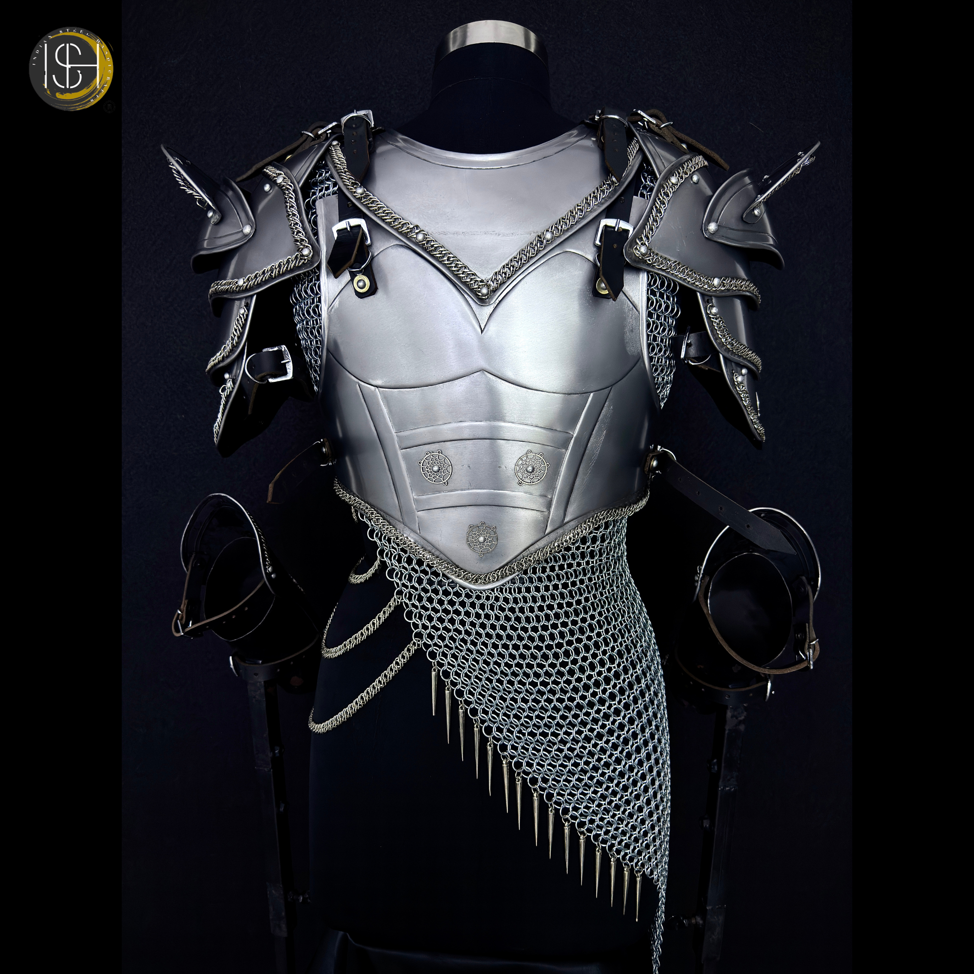 Brave Lady Medieval Steel Armor Set with Chainmail Top – Female Knight Armor Costume, LARP Armor, Renaissance Festival Outfit, Cosplay Warrior Armor, Historical Reenactment Gear.