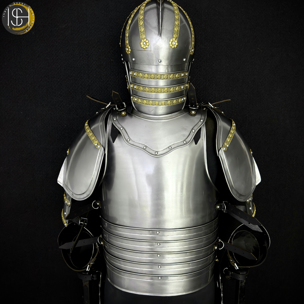 Handcrafted Steel Knight Armor Set ⚔️✨ – Full Medieval Suit with Gold Accents | LARP Gear | Cosplay Costume | Renaissance Collectible 🛡️🏰