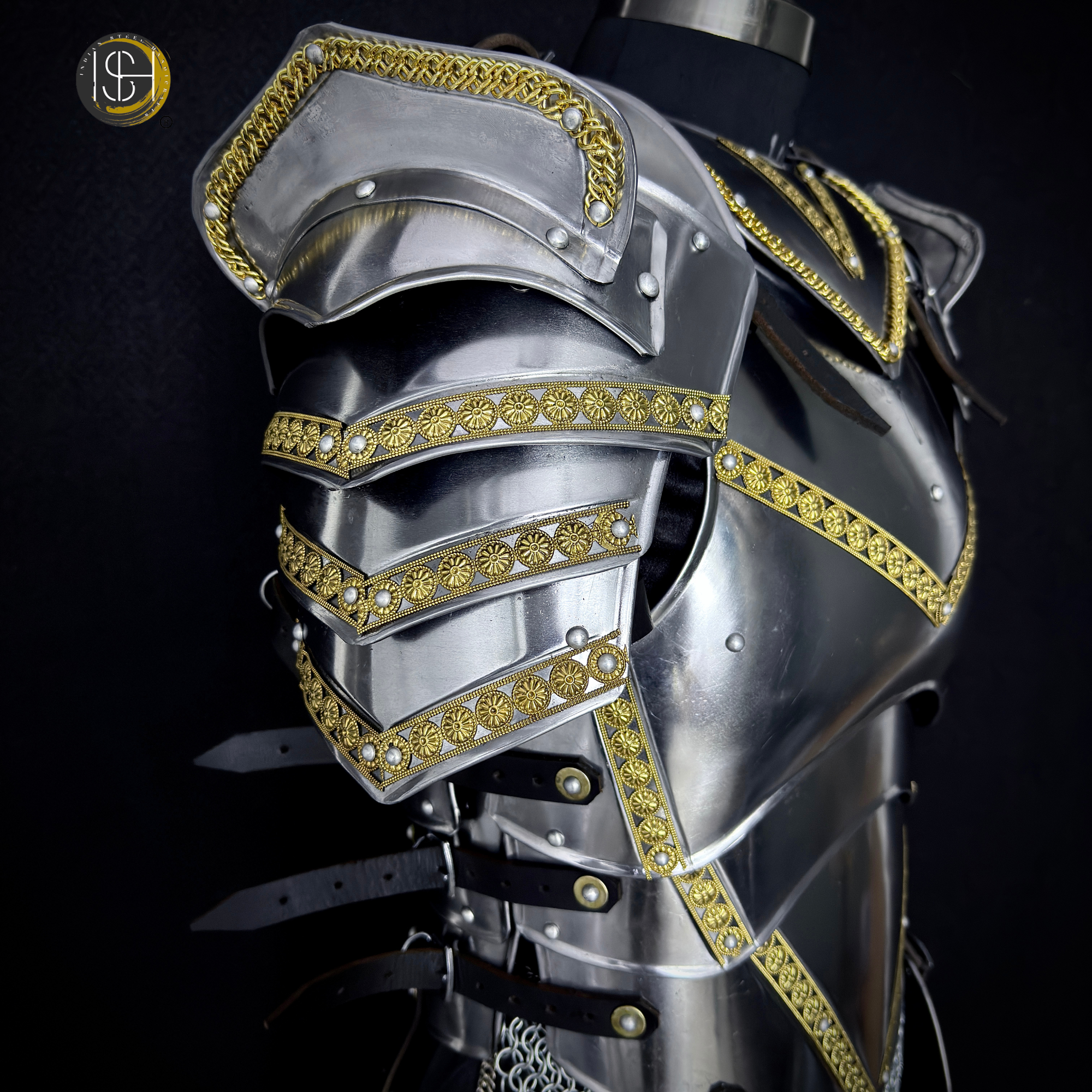 Full Body Medieval Knight Armor Suit – Gothic Steel Plate Armor with Gold Trim, LARP, Cosplay, Renaissance Costume
