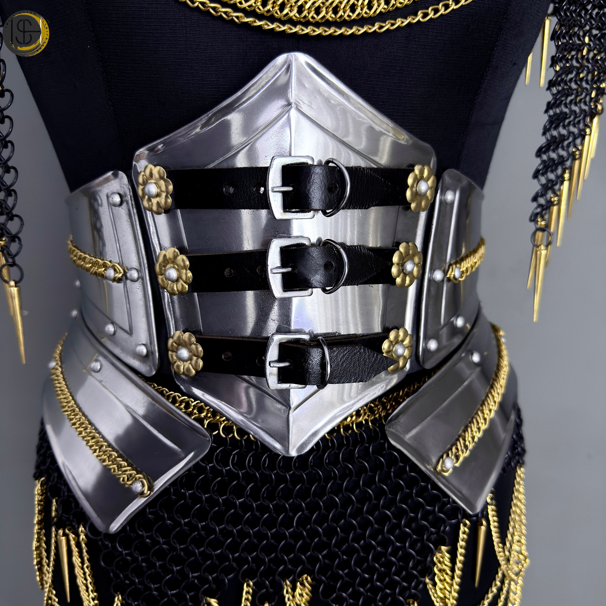 Black Gold Chainmail Armor – Medieval Knight Warrior Steel Armor Costume, LARP Outfit, Renaissance Festival Cosplay Armor, Viking Knight Costume, Halloween, Medieval Armor Suit, Handmade Steel Chainmail Gear