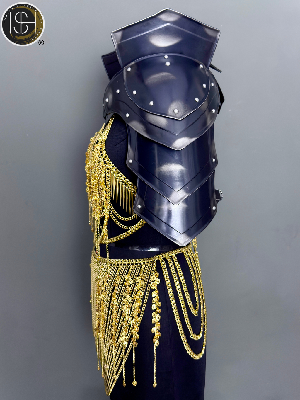 Knight Steel Armor Set – Medieval LARP Costume with Gold Chainmail Drape & Battle Ready Armor