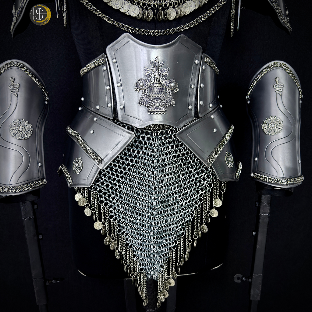 Medieval Women’s Steel Armor Set – Chainmail Skirt Lady Knight Costume.