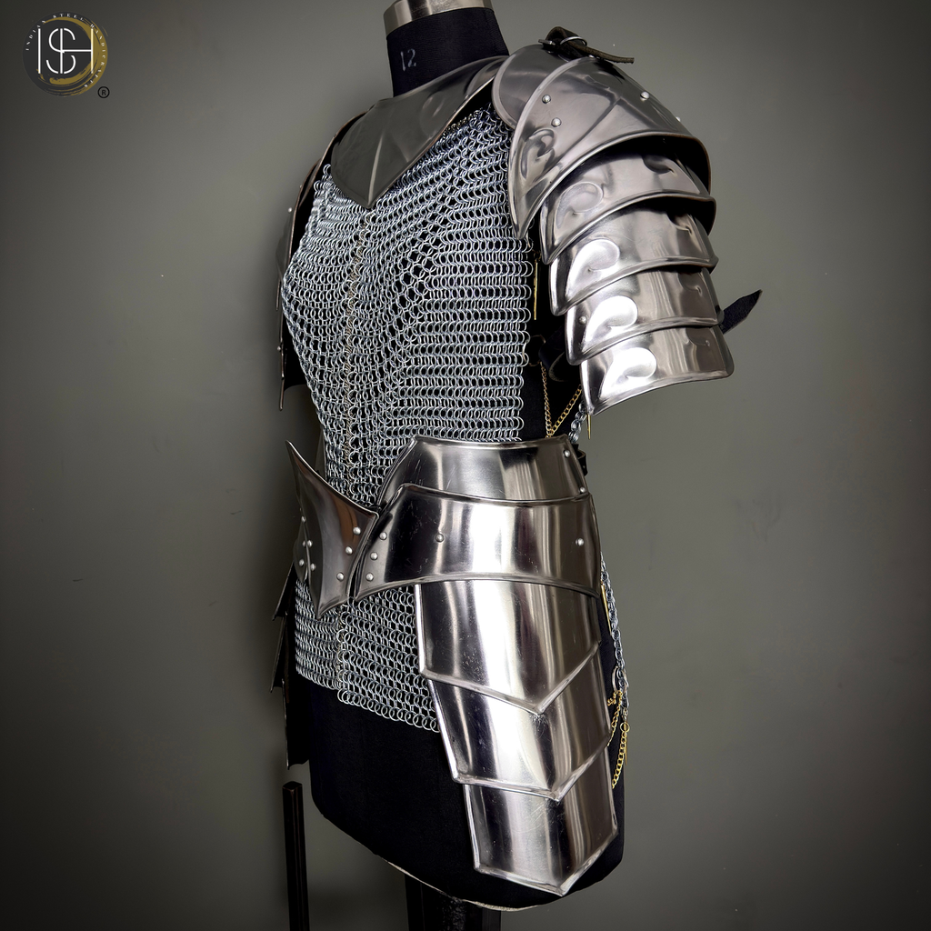 Handcrafted Steel Chainmail Armor Set – Knight’s Hauberk with Pauldrons & Arm Guards for Cosplay & LARP