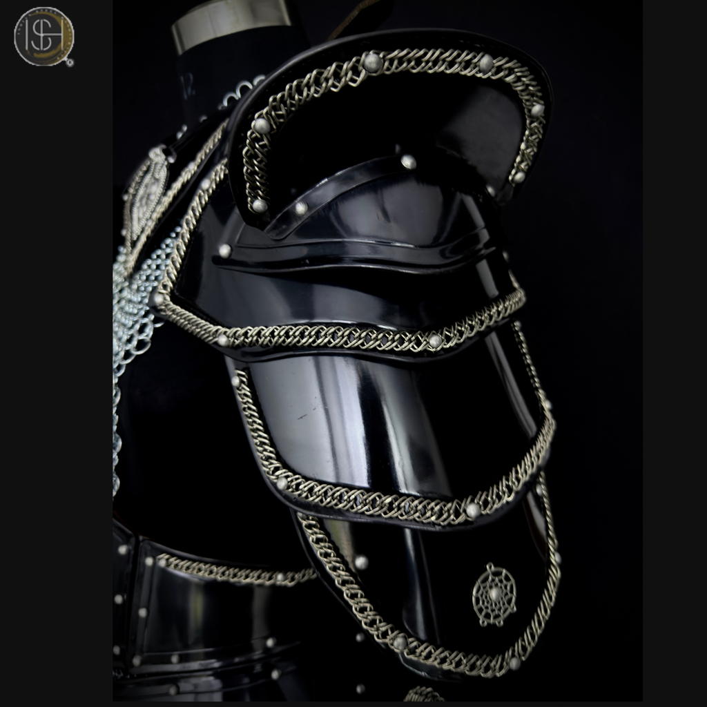 Women's Medieval Black Steel Armor Set with Chainmail Shoulders – Female Knight Costume, LARP Warrior Armor, Renaissance Battle Gear, Fantasy Cosplay Outfit