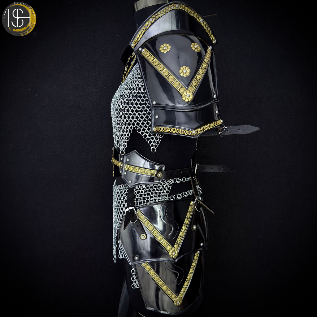 🖤✨ Black & Gold Medieval Knight Armor Set | Full Body Steel Chainmail Suit | Fantasy Warrior Cosplay, LARP & Reenactment Gear ⚔️🛡️