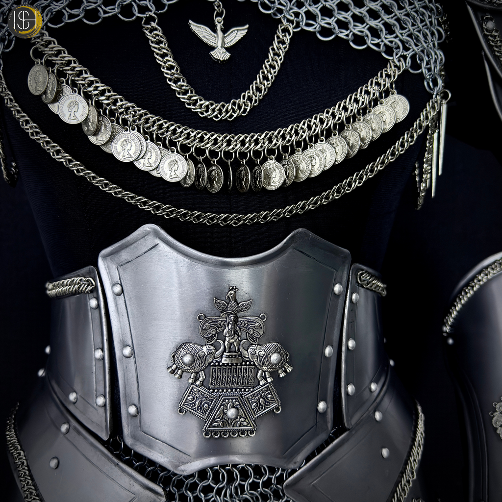 Medieval Women’s Steel Armor Set – Chainmail Skirt Lady Knight Costume.