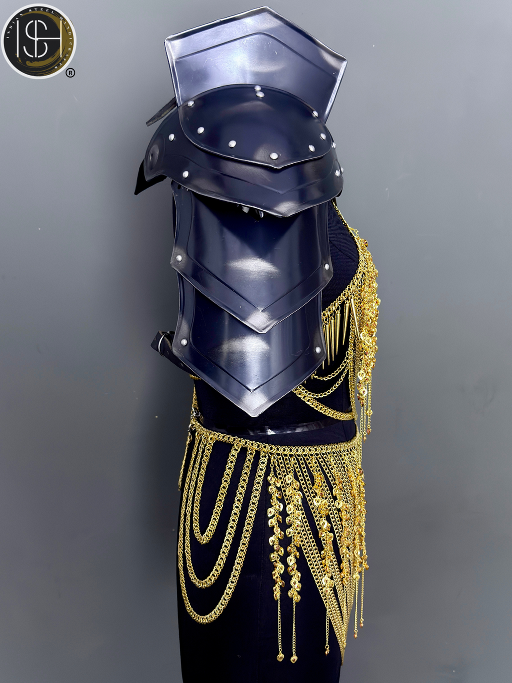 Knight Steel Armor Set – Medieval LARP Costume with Gold Chainmail Drape & Battle Ready Armor