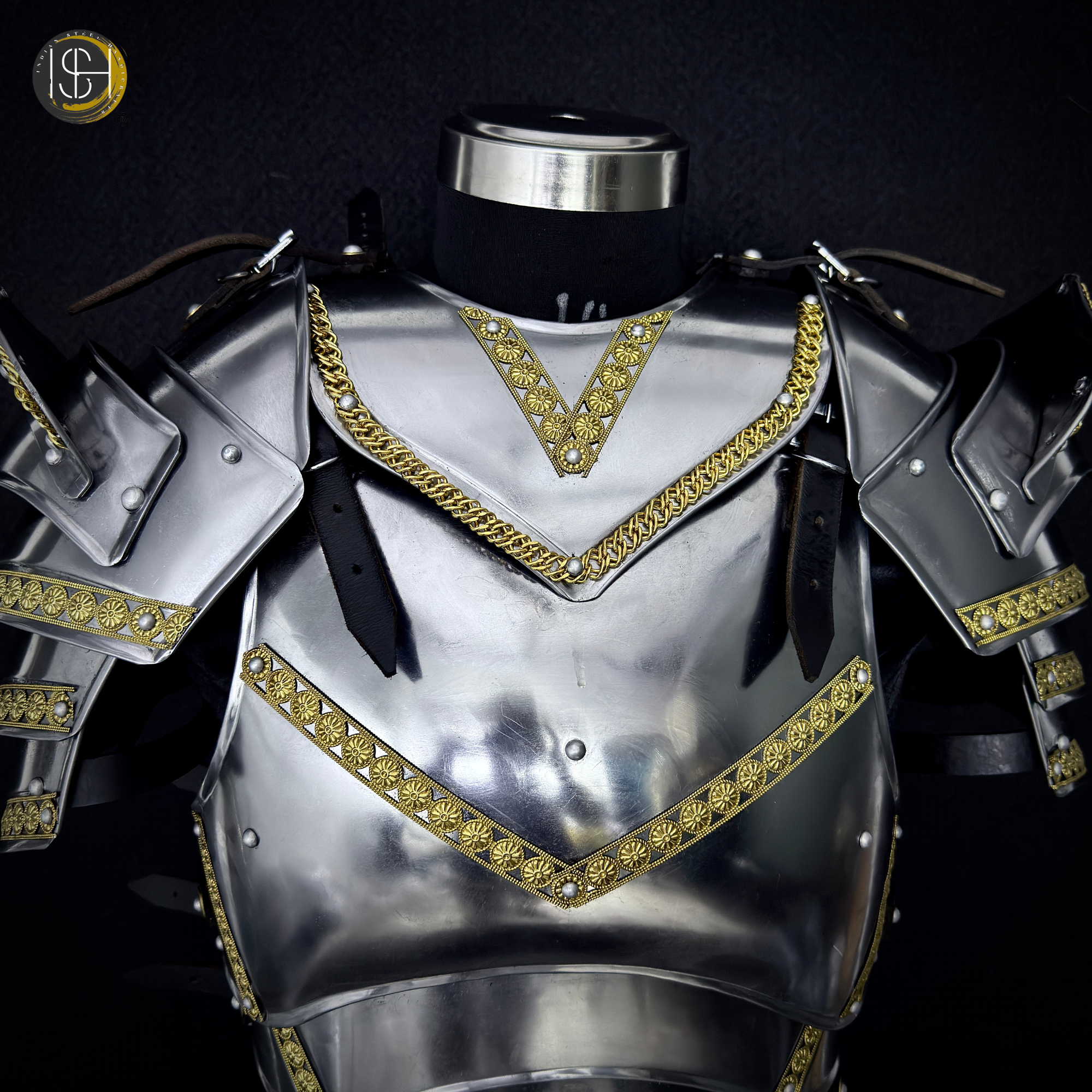 Full Body Medieval Knight Armor Suit – Gothic Steel Plate Armor with Gold Trim, LARP, Cosplay, Renaissance Costume