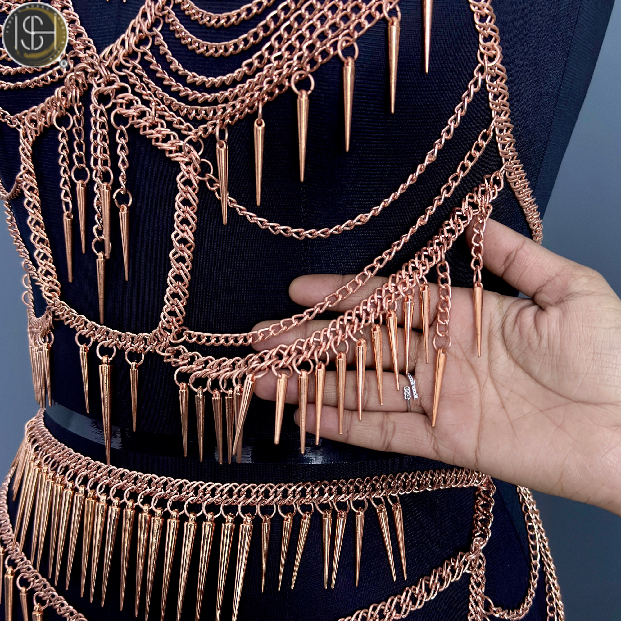 Women’s Gold Chain Body Armor Set – Fantasy Goddess Harness & Chain Skirt | Gothic & Festival Wear