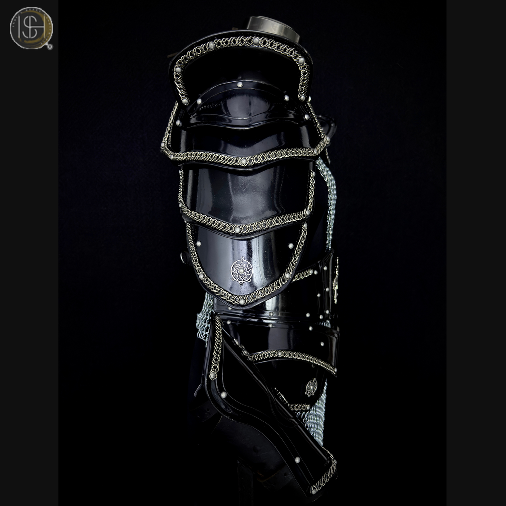 Women's Medieval Black Steel Armor Set with Chainmail Shoulders – Female Knight Costume, LARP Warrior Armor, Renaissance Battle Gear, Fantasy Cosplay Outfit
