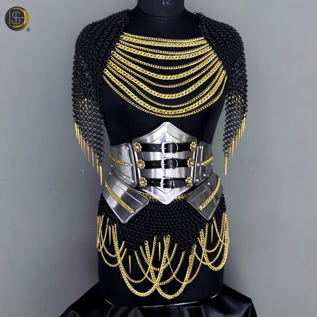 Black Gold Chainmail Armor – Medieval Knight Warrior Steel Armor Costume, LARP Outfit, Renaissance Festival Cosplay Armor, Viking Knight Costume, Halloween, Medieval Armor Suit, Handmade Steel Chainmail Gear