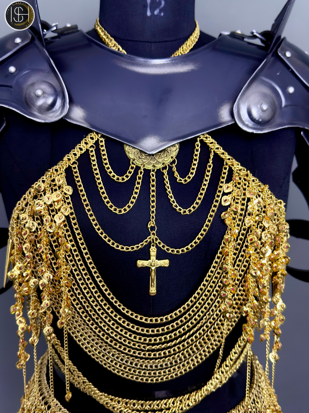 Knight Steel Armor Set – Medieval LARP Costume with Gold Chainmail Drape & Battle Ready Armor