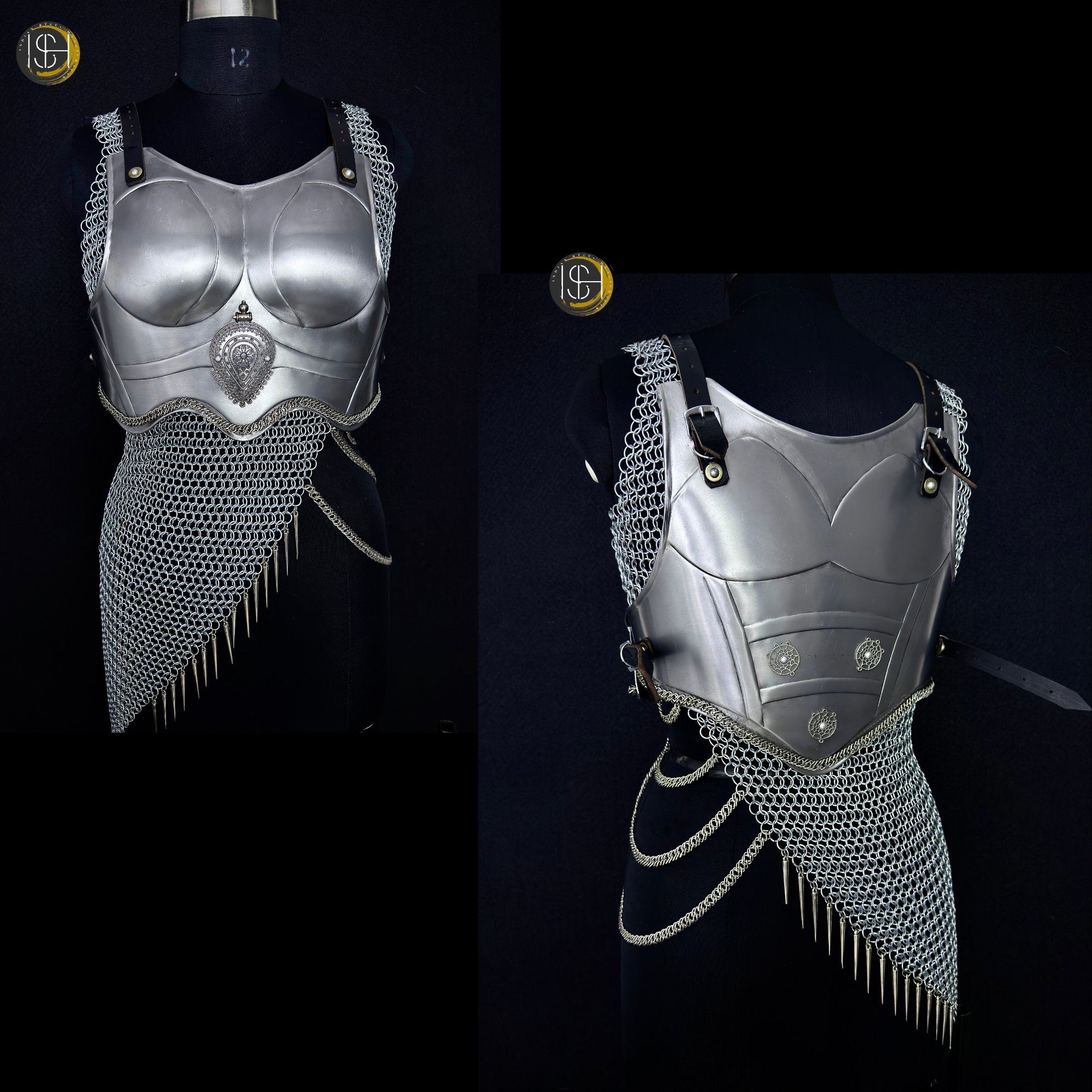 Brave Lady Medieval Steel Armor Set with Chainmail Top – Female Knight Armor Costume, LARP Armor, Renaissance Festival Outfit, Cosplay Warrior Armor, Historical Reenactment Gear.