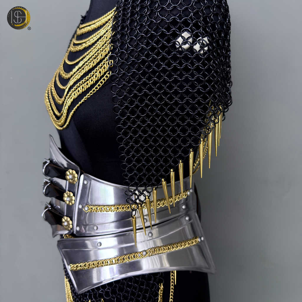 Black Gold Chainmail Armor – Medieval Knight Warrior Steel Armor Costume, LARP Outfit, Renaissance Festival Cosplay Armor, Viking Knight Costume, Halloween, Medieval Armor Suit, Handmade Steel Chainmail Gear