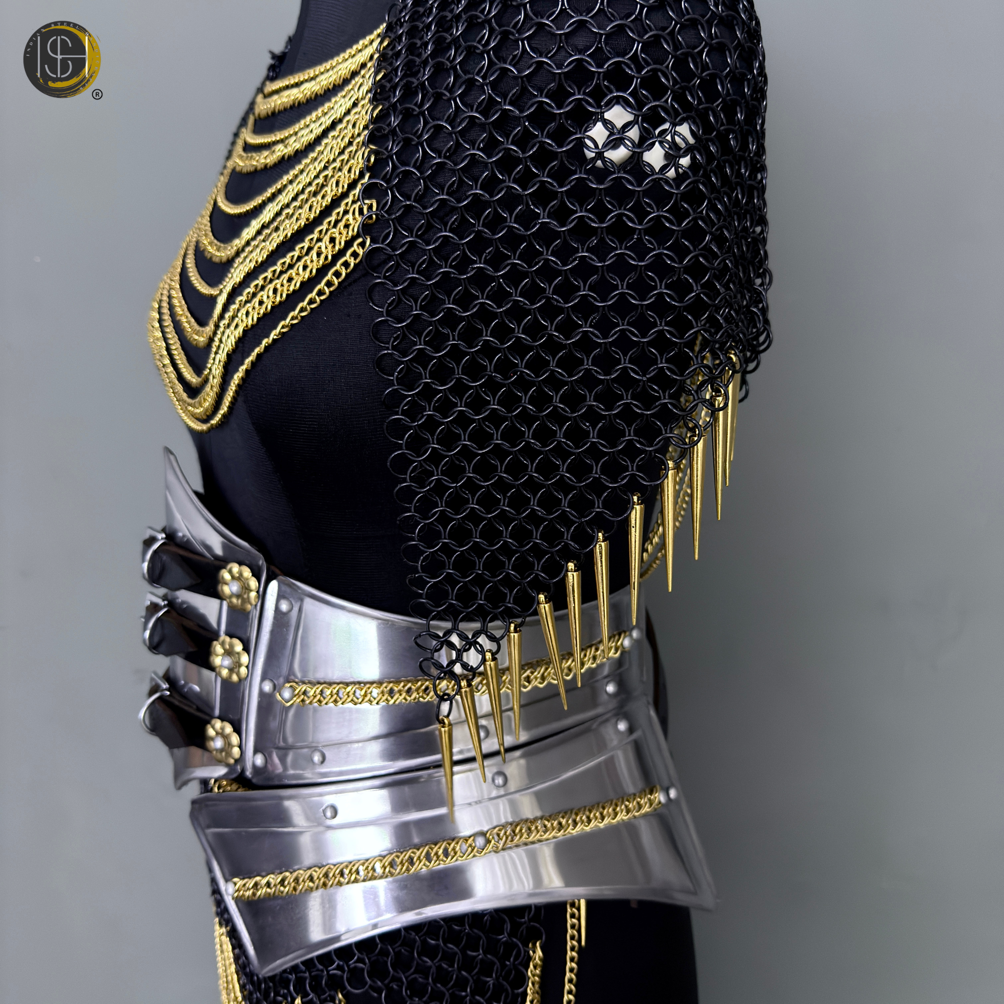 Black Gold Chainmail Armor – Medieval Knight Warrior Steel Armor Costume, LARP Outfit, Renaissance Festival Cosplay Armor, Viking Knight Costume, Halloween, Medieval Armor Suit, Handmade Steel Chainmail Gear