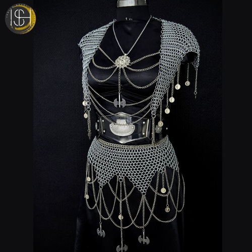 Chainmail Body Harness & Skirt Set – Handmade Steel Ring Armor Outfit for Cosplay, LARP, Renaissance Festival & Medieval Costume,