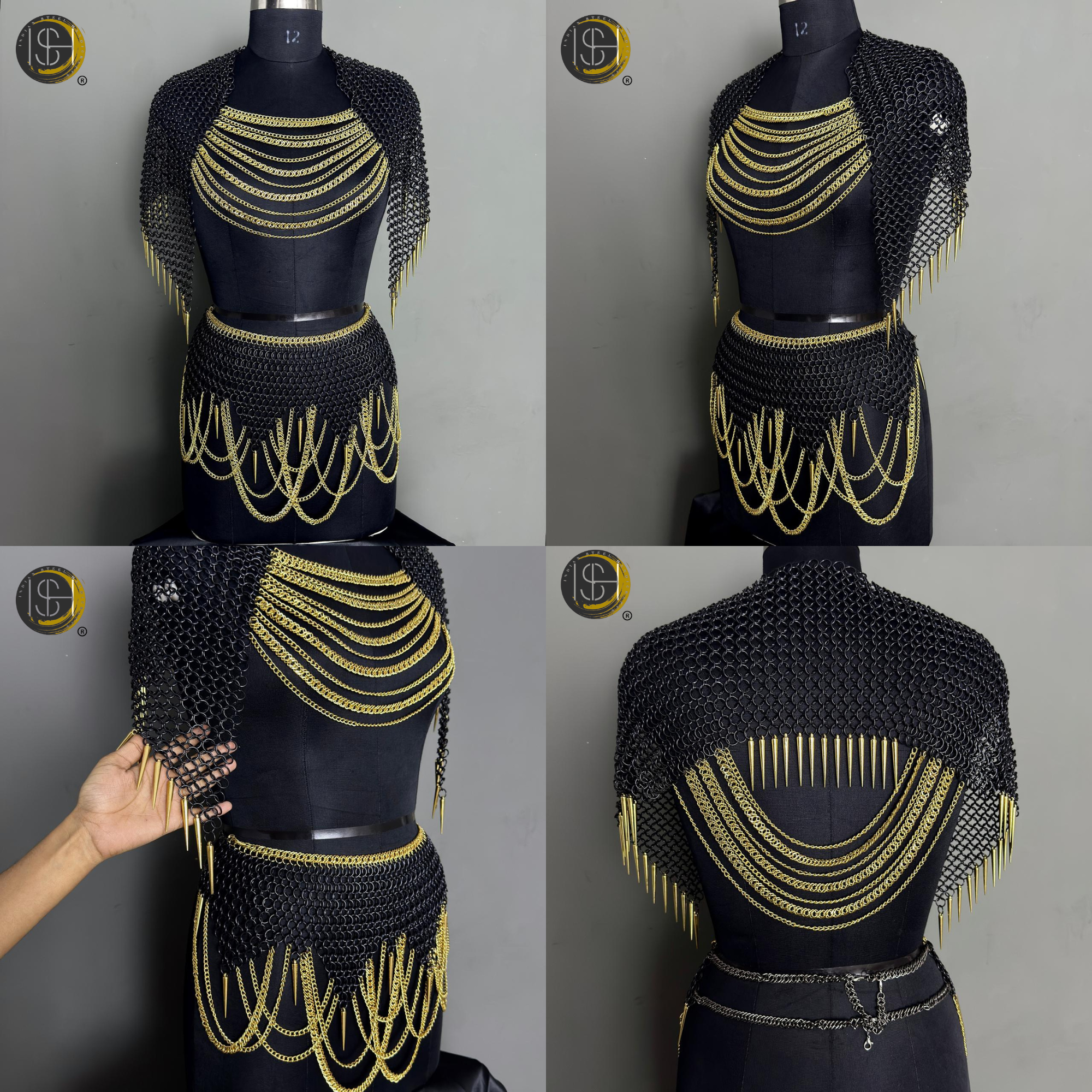 Black Gold Chainmail Armor – Medieval Knight Warrior Steel Armor Costume, LARP Outfit, Renaissance Festival Cosplay Armor, Viking Knight Costume, Halloween, Medieval Armor Suit, Handmade Steel Chainmail Gear