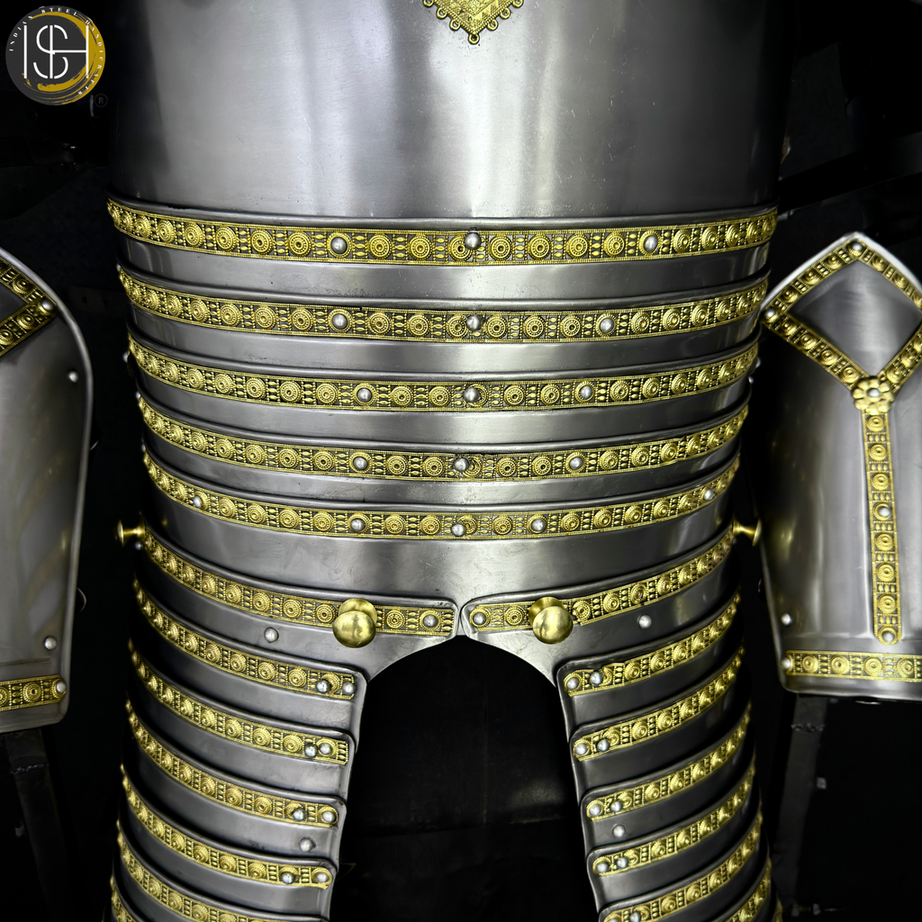 Handcrafted Steel Knight Armor Set ⚔️✨ – Full Medieval Suit with Gold Accents | LARP Gear | Cosplay Costume | Renaissance Collectible 🛡️🏰