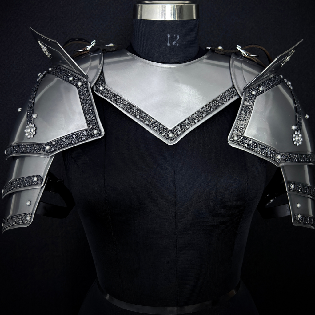 Steel Knight Shoulder Armor with Black Trim – Renaissance Gorget & Pauldron Costume.