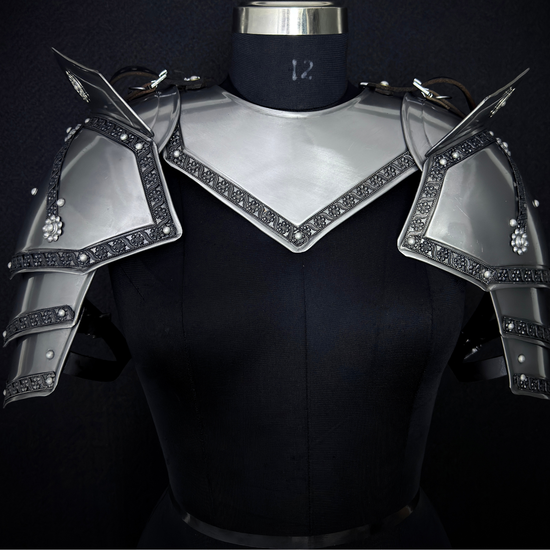 Steel Knight Shoulder Armor with Black Trim – Renaissance Gorget & Pauldron Costume.