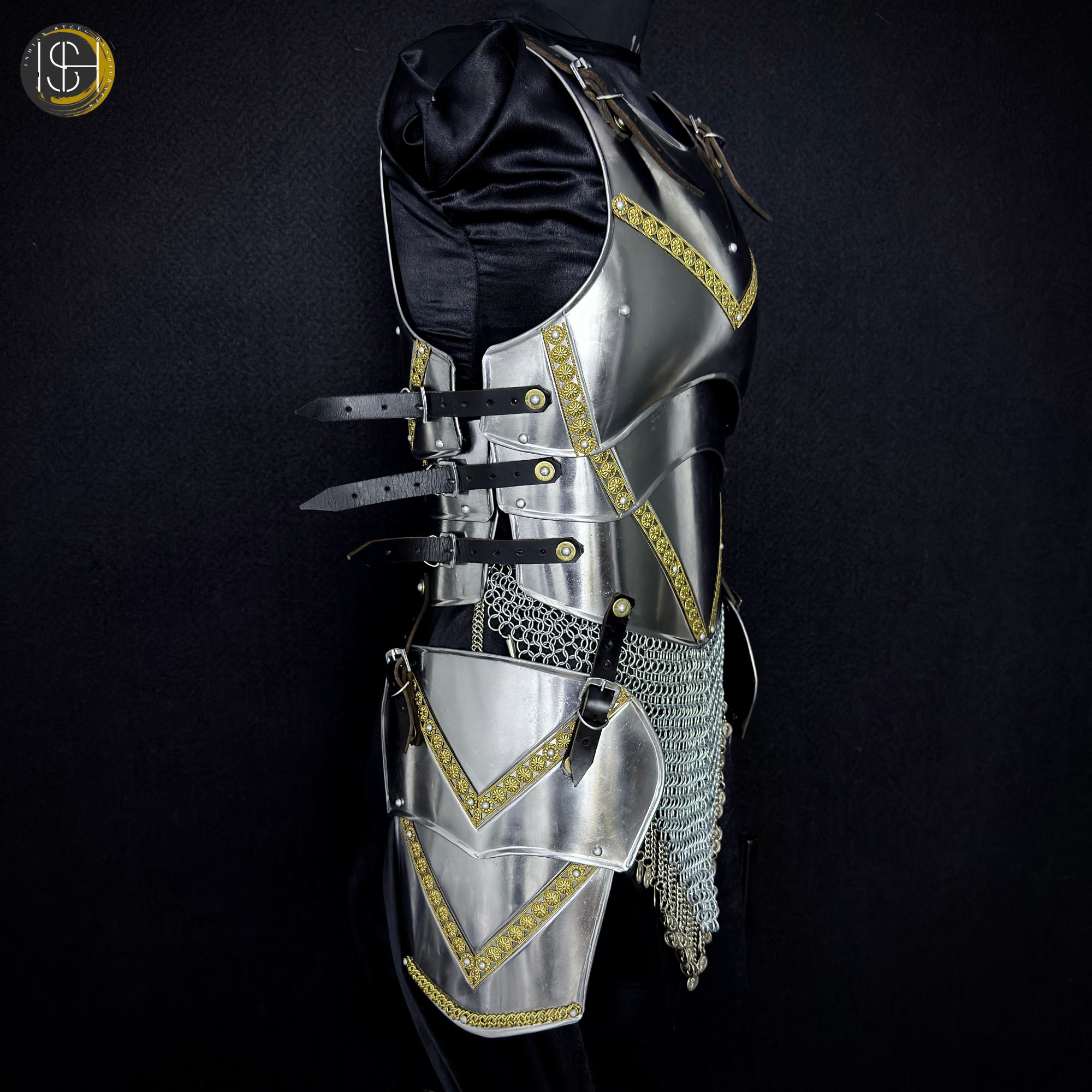 Full Body Medieval Knight Armor Suit – Gothic Steel Plate Armor with Gold Trim, LARP, Cosplay, Renaissance Costume