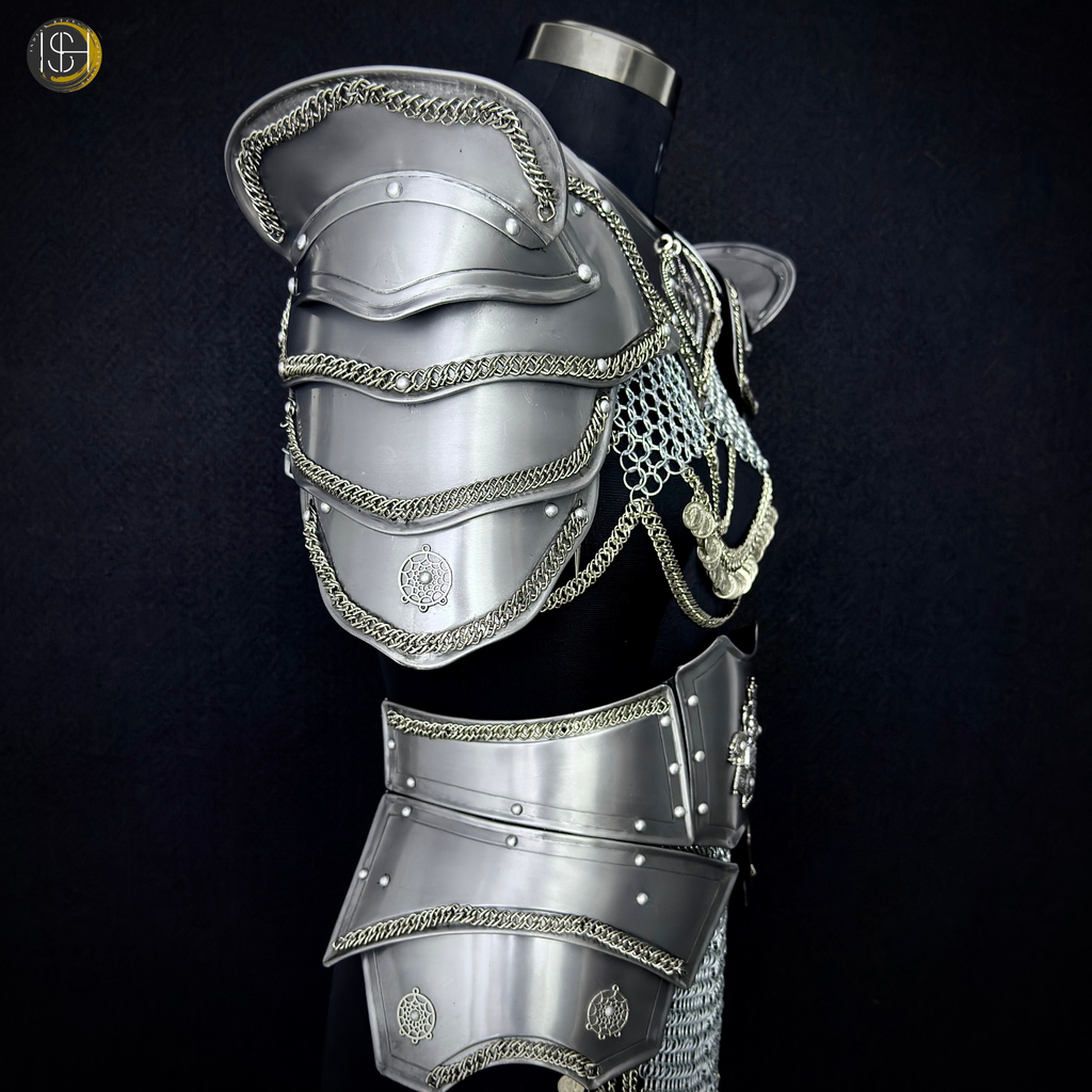 Medieval Women’s Steel Armor Set – Chainmail Skirt Lady Knight Costume.