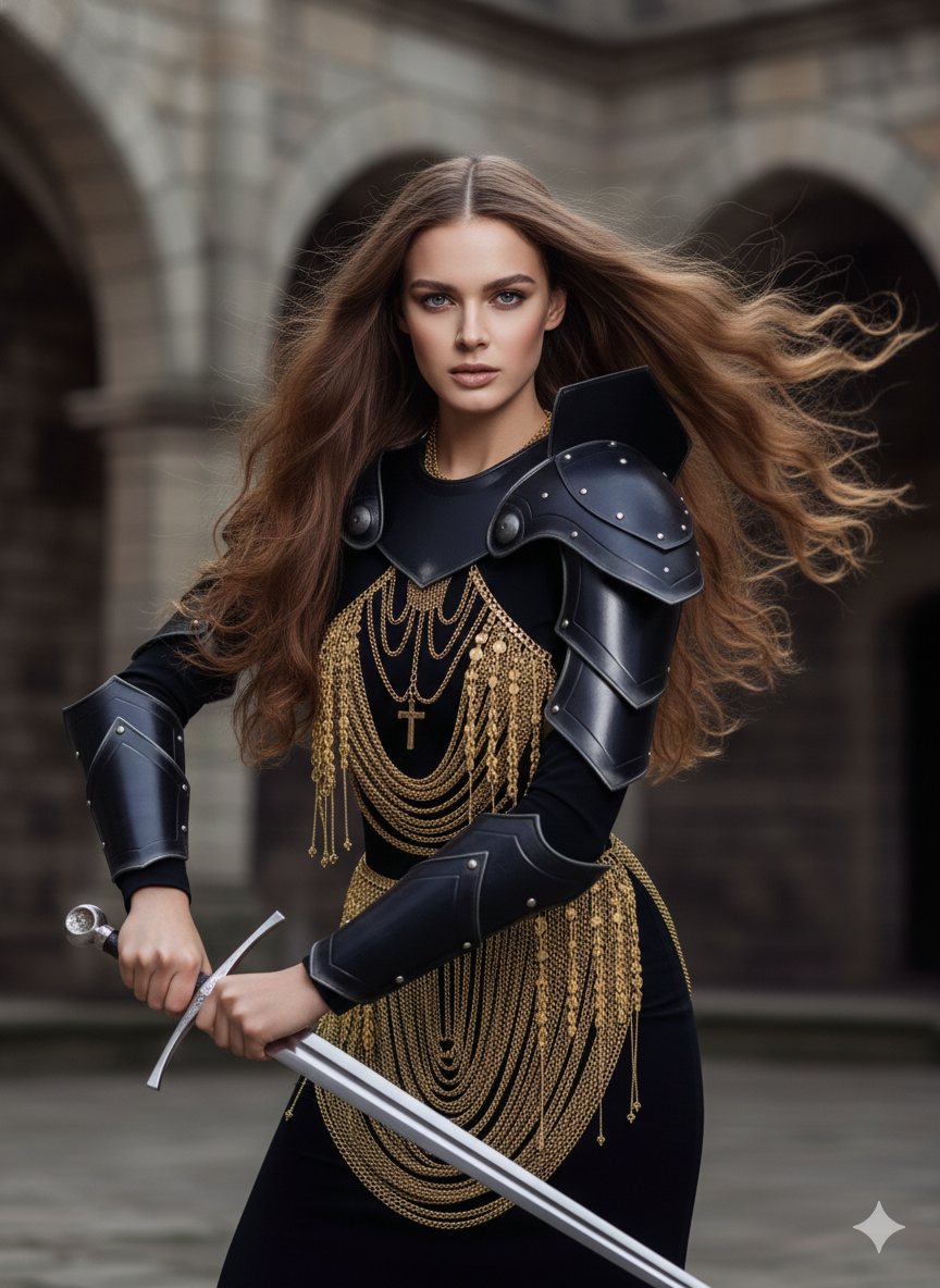 Knight Steel Armor Set – Medieval LARP Costume with Gold Chainmail Drape & Battle Ready Armor