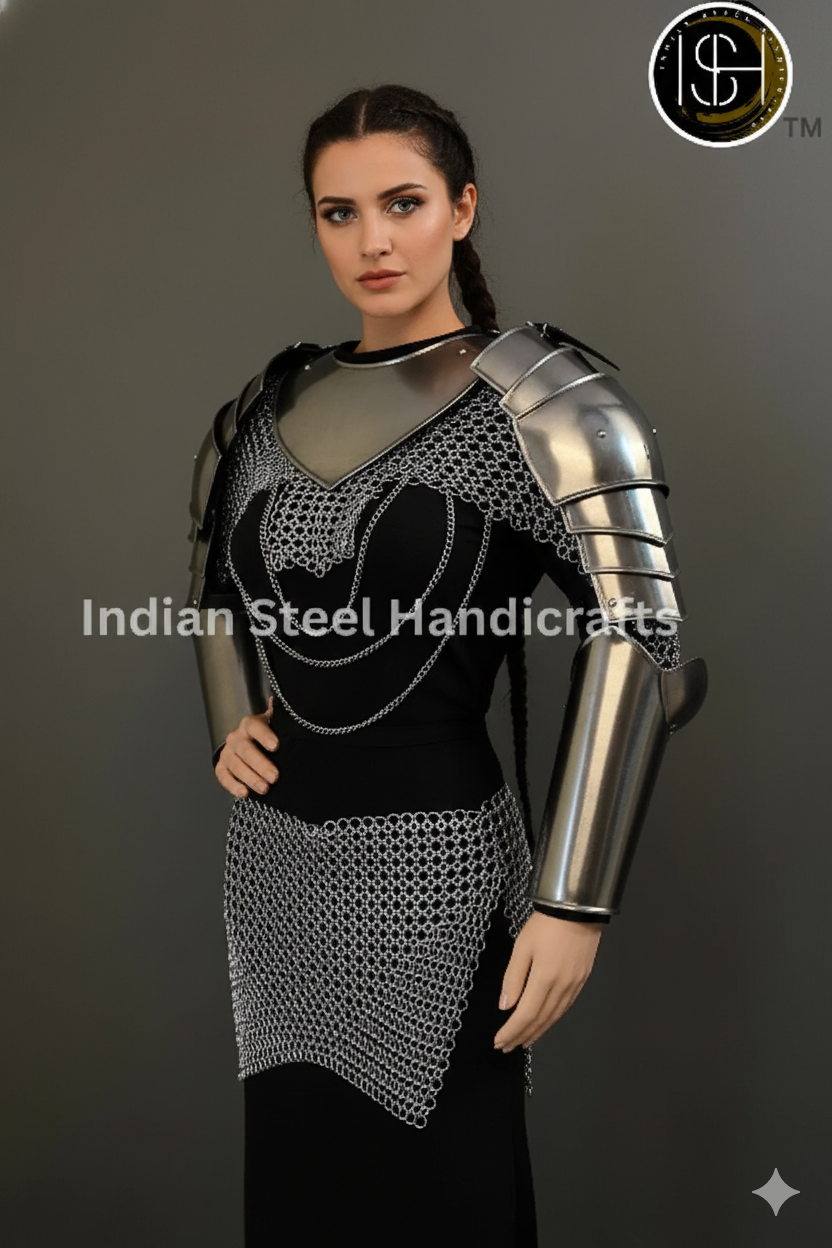 Medieval Steel Armor Set Pauldron Gorget Bracers with Chainmail – LARP Cosplay SCA Reenactment Knight Armor⚔️