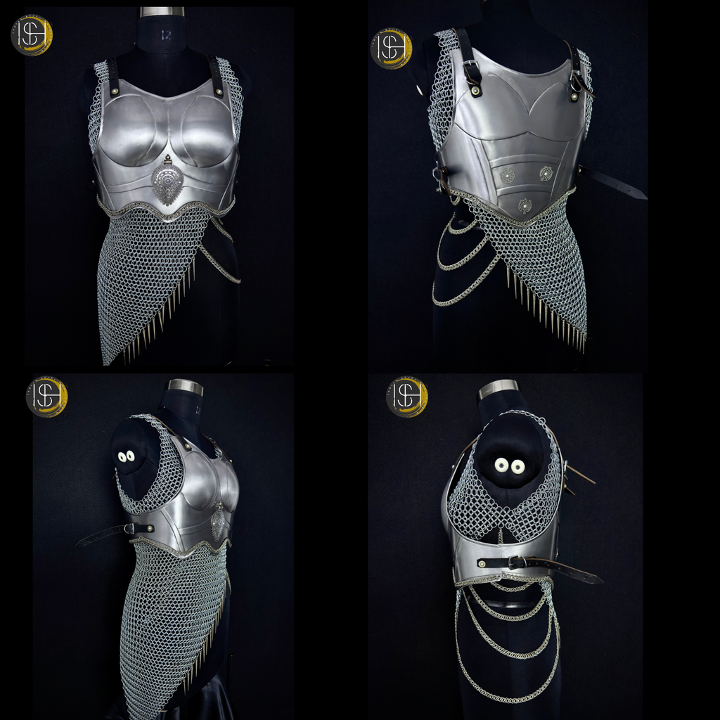 Brave Lady Medieval Steel Armor Set with Chainmail Top – Female Knight Armor Costume, LARP Armor, Renaissance Festival Outfit, Cosplay Warrior Armor, Historical Reenactment Gear.