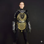 Knight Steel Armor Set – Medieval LARP Costume with Gold Chainmail Drape & Battle Ready Armor