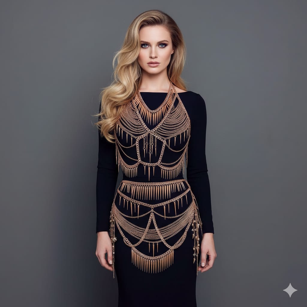 Women’s Gold Chain Body Armor Set – Fantasy Goddess Harness & Chain Skirt | Gothic & Festival Wear