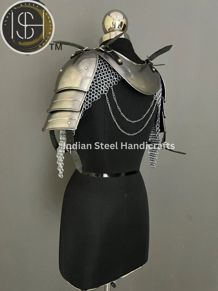 Female Knight Steel Armor: Gorget & Pouldron, Chainmail Top - LARP Cosplay