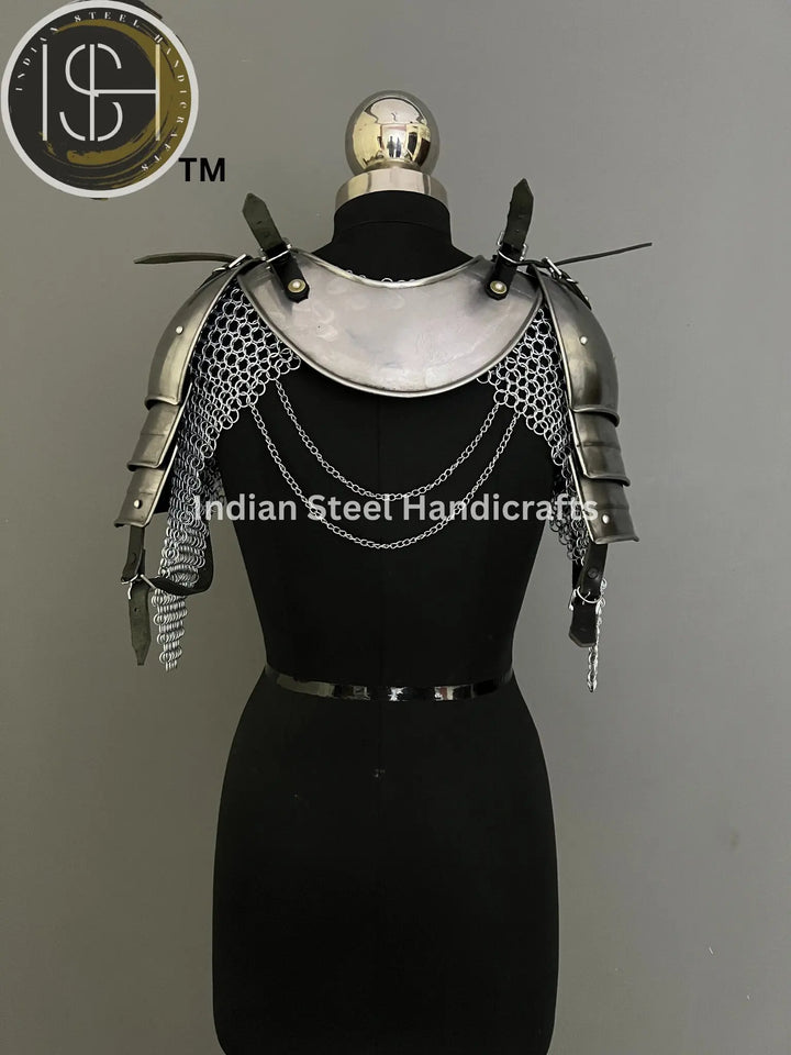 Female Knight Steel Armor: Gorget & Pouldron, Chainmail Top - LARP Cosplay