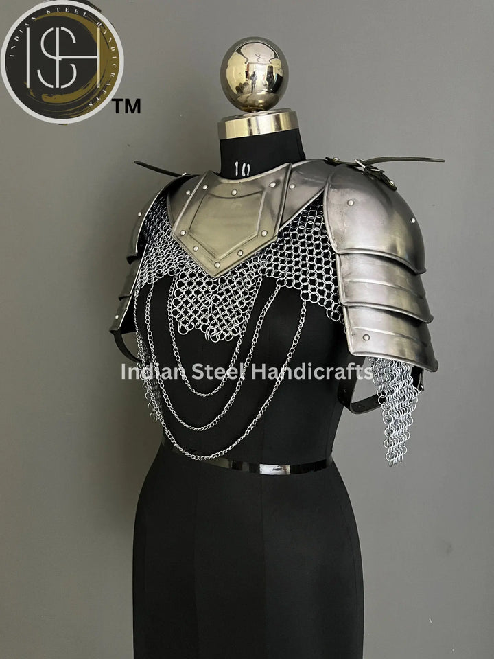 Female Knight Steel Armor: Gorget & Pouldron, Chainmail Top - LARP Cosplay