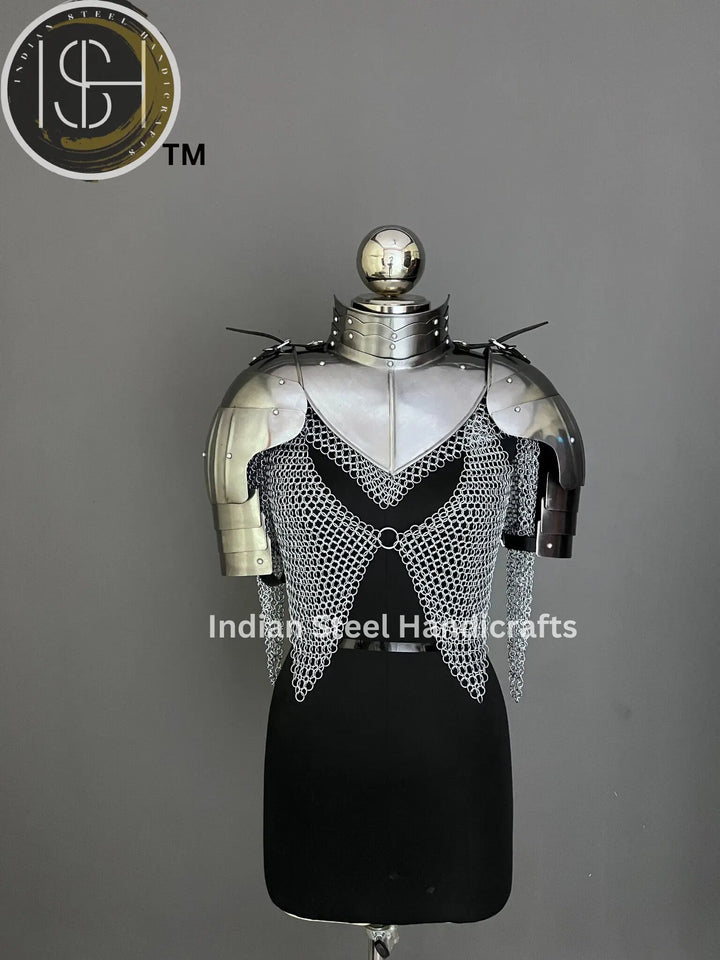 Pouldron armor, gorget armor, shoulder armor, knight armor, larp armor , medieval armor, fantasy armor, gift for her, gift for him, sca armor, cosplay armor, armor for sale, cosplay clothing, chainmale armor, chainmail corset