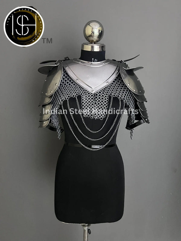 Female Knight Steel Armor: Gorget, Pouldron & Chainmail - LARP Cosplay