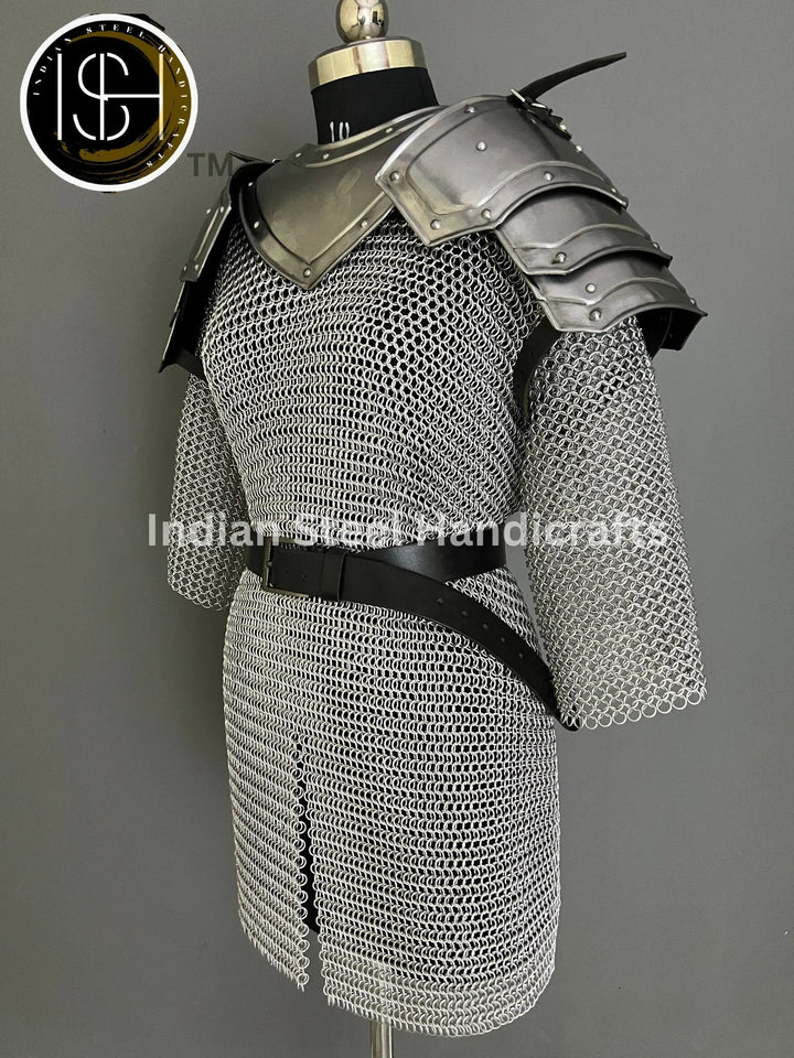 Female Knight Armor: Steel Gorget, Pouldron & Chainmail - LARP Cosplay