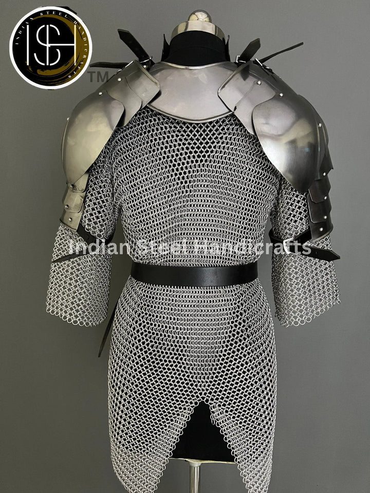 Female Knight Steel Armor: Gorget, Pouldron, Chainmail - LARP Cosplay