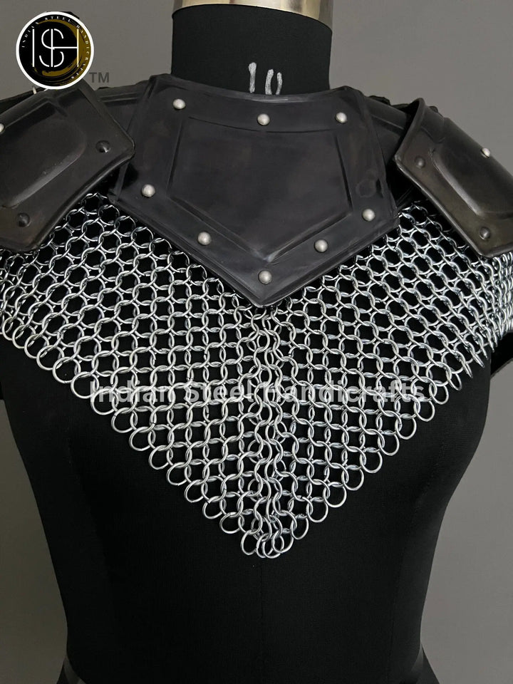 Female Knight Armor: Steel Gorget & Pouldron, Chainmail Top - LARP Cosplay