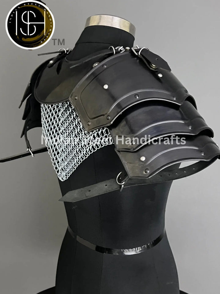 Female Knight Armor: Steel Gorget & Pouldron, Chainmail Top - LARP Cosplay