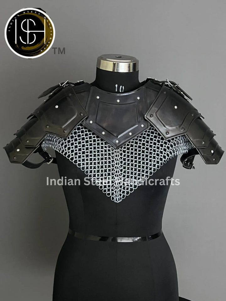 Female Knight Armor: Steel Gorget & Pouldron, Chainmail Top - LARP Cosplay
