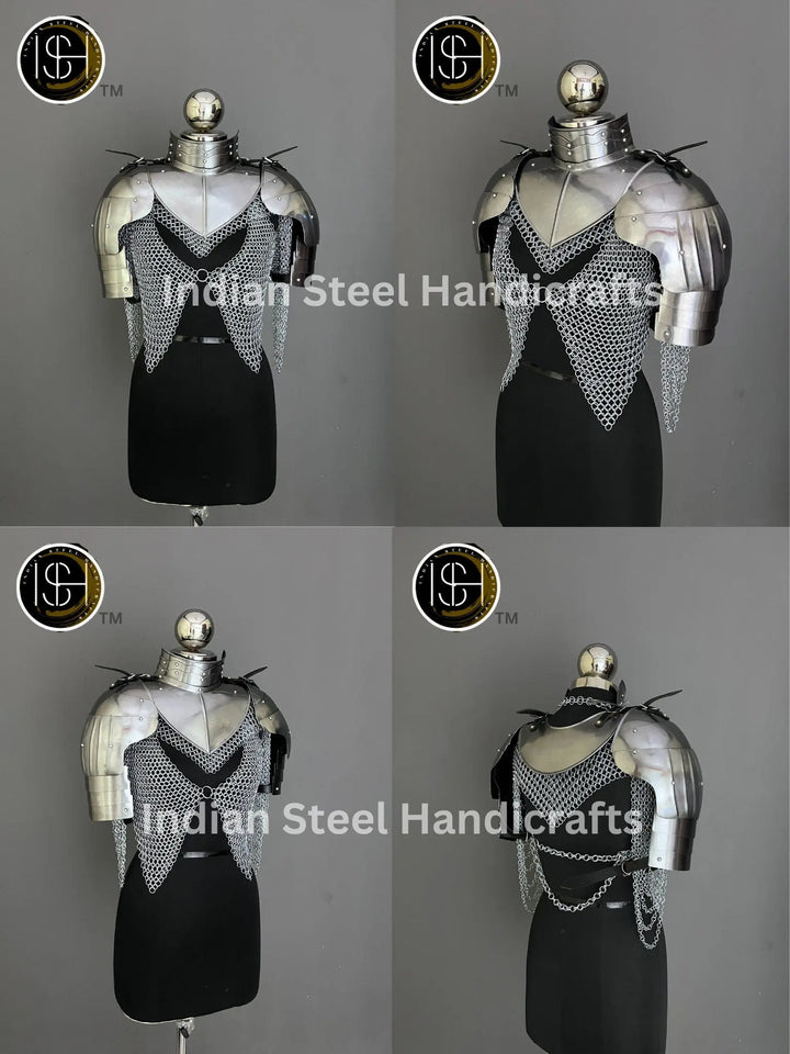 Female Knight Armor: Steel Gorget & Pouldron, Chainmail - LARP Cosplay