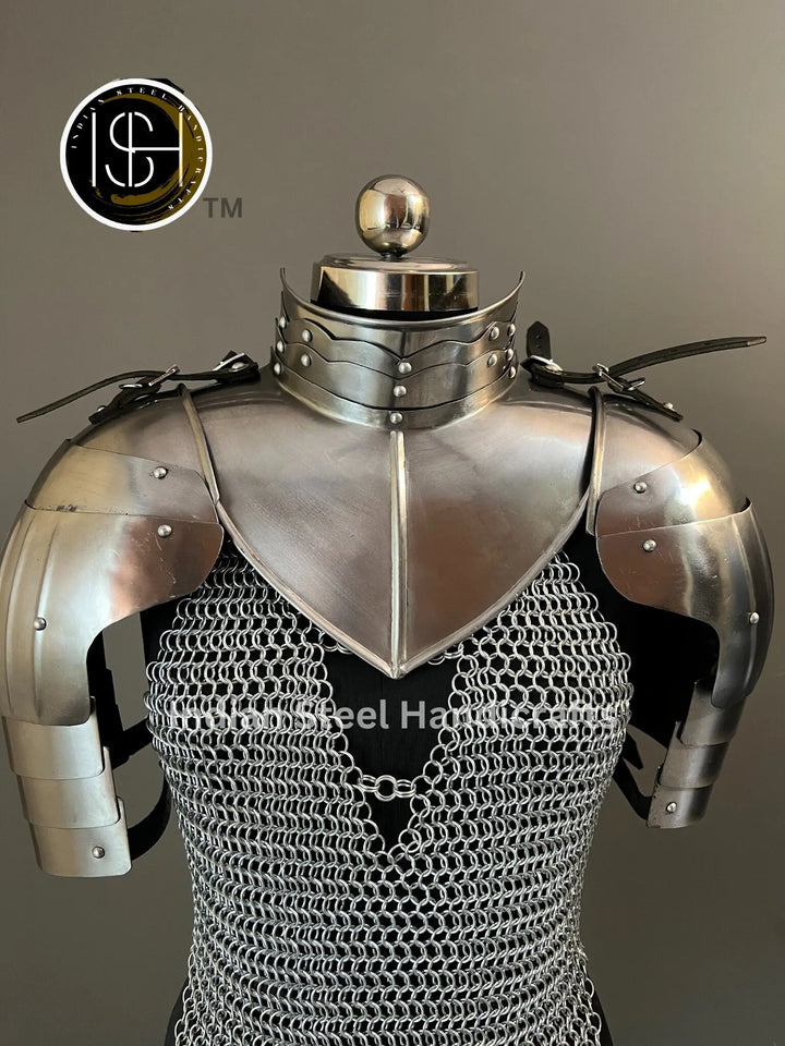 Female Knight Armor: Steel Gorget & Pouldron, Chainmail - LARP Cosplay