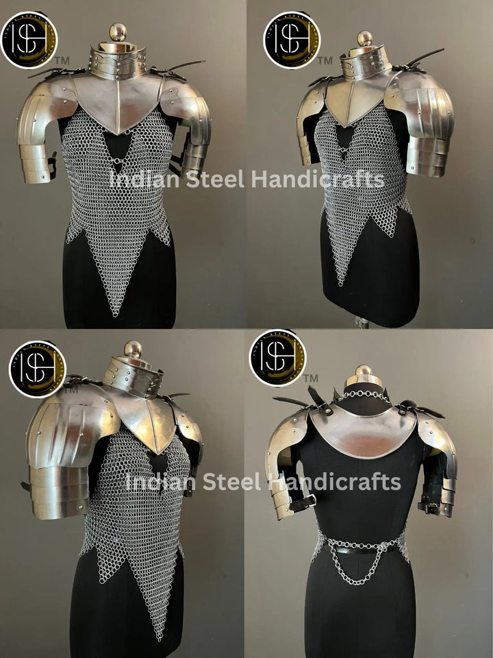 Female Knight Armor: Steel Gorget & Pouldron, Chainmail - LARP Cosplay
