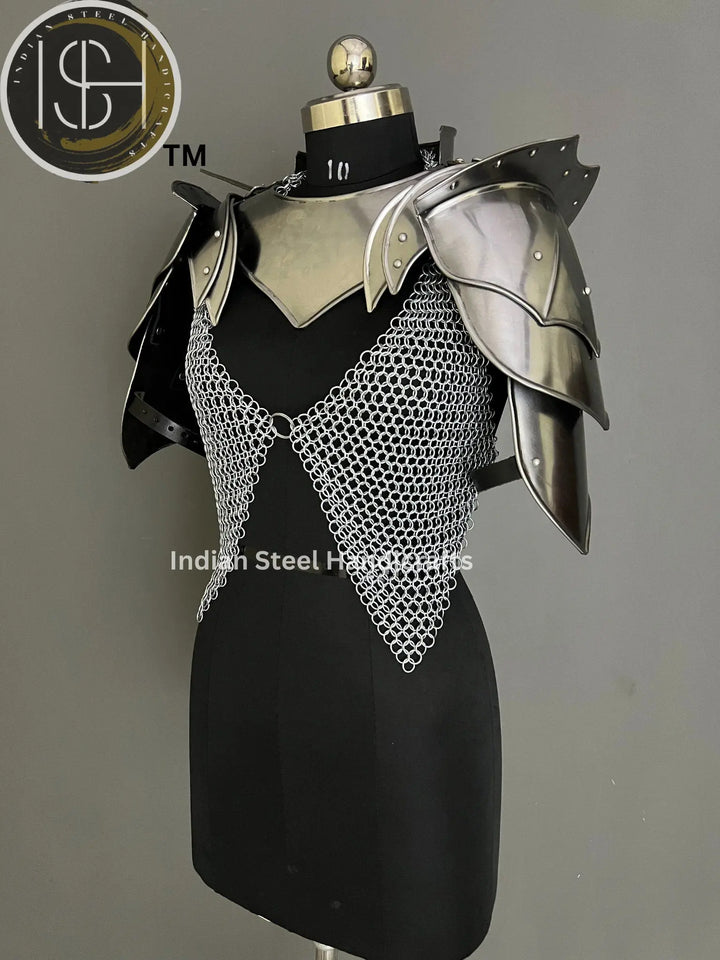 Female Knight Armor: Steel Gorget, Pouldron & Chainmail - LARP Cosplay